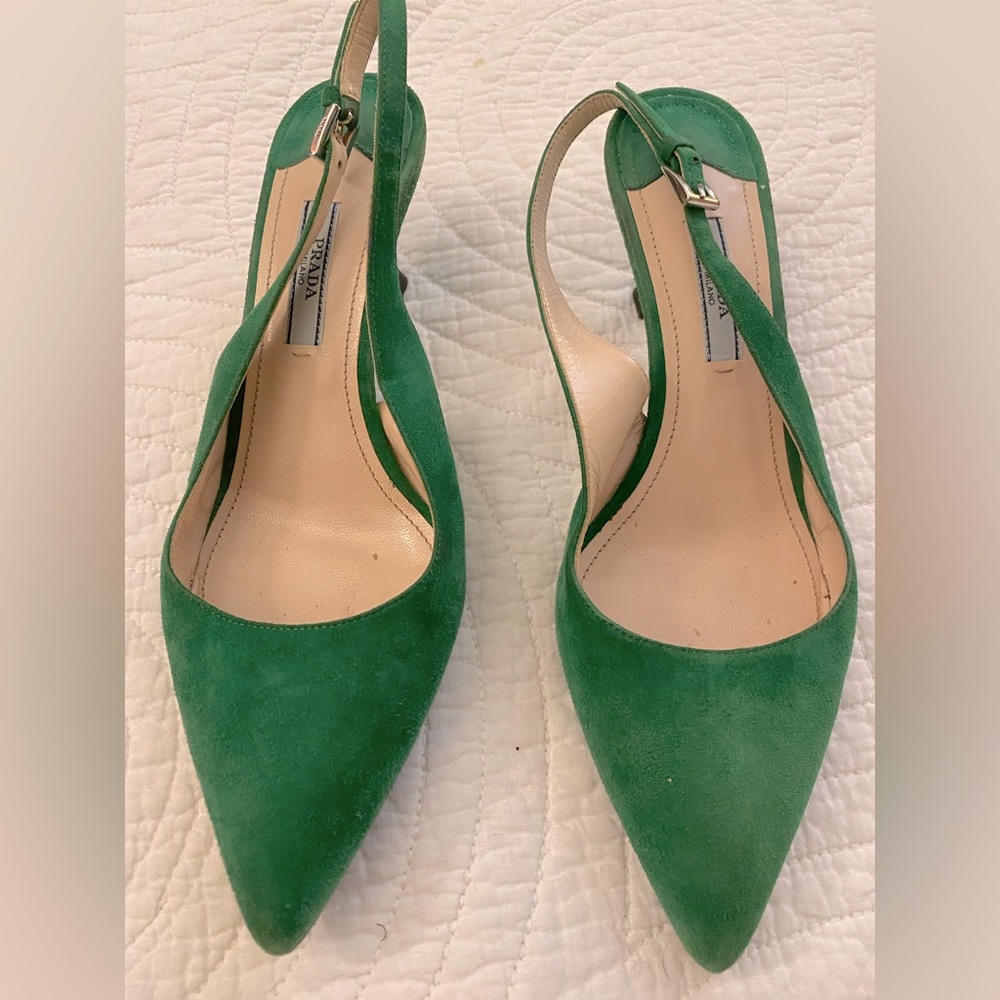Prada Green Suede Kitten Heel Slingbacks - Size 38